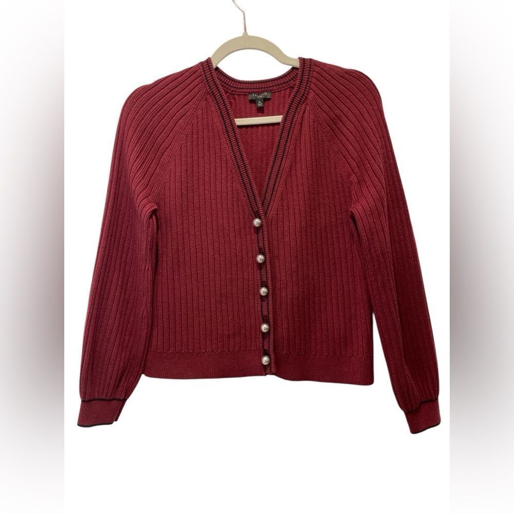 TALBOTS Burgundy Ball Button Front Ribbed Boxy Cardigan Sweater Women's Size Sp